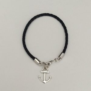 Handmade Black leather bracelet with silver anchor